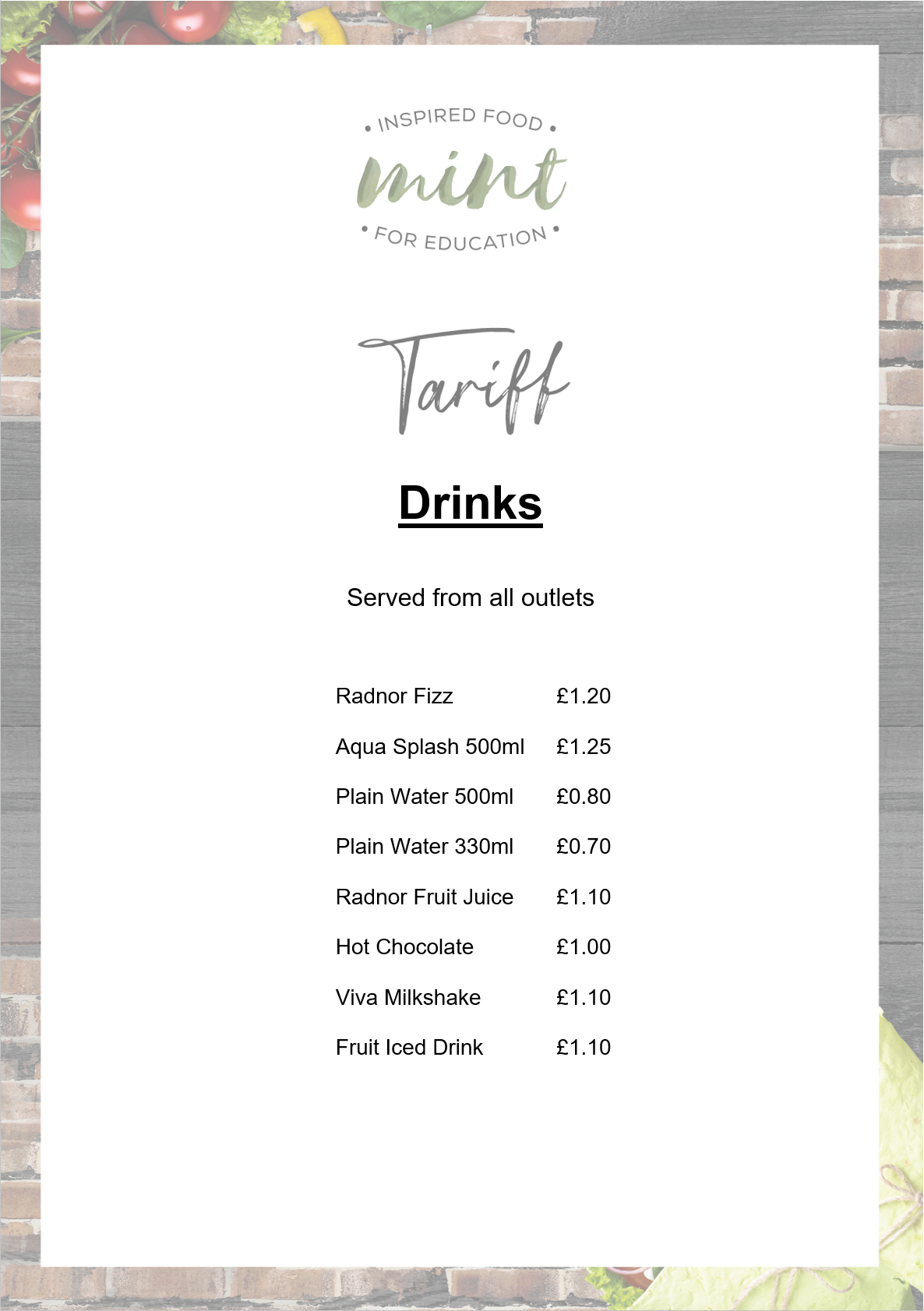 drinks menu prices
