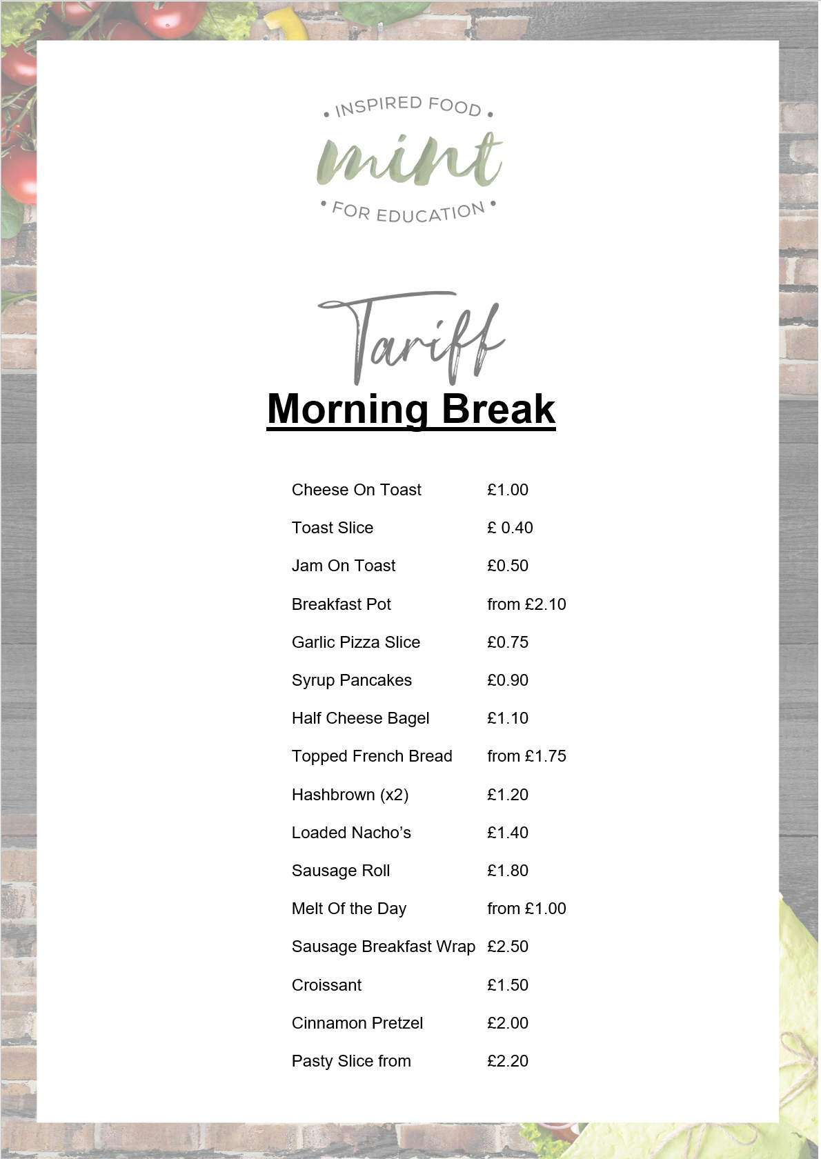 morning break menu prices