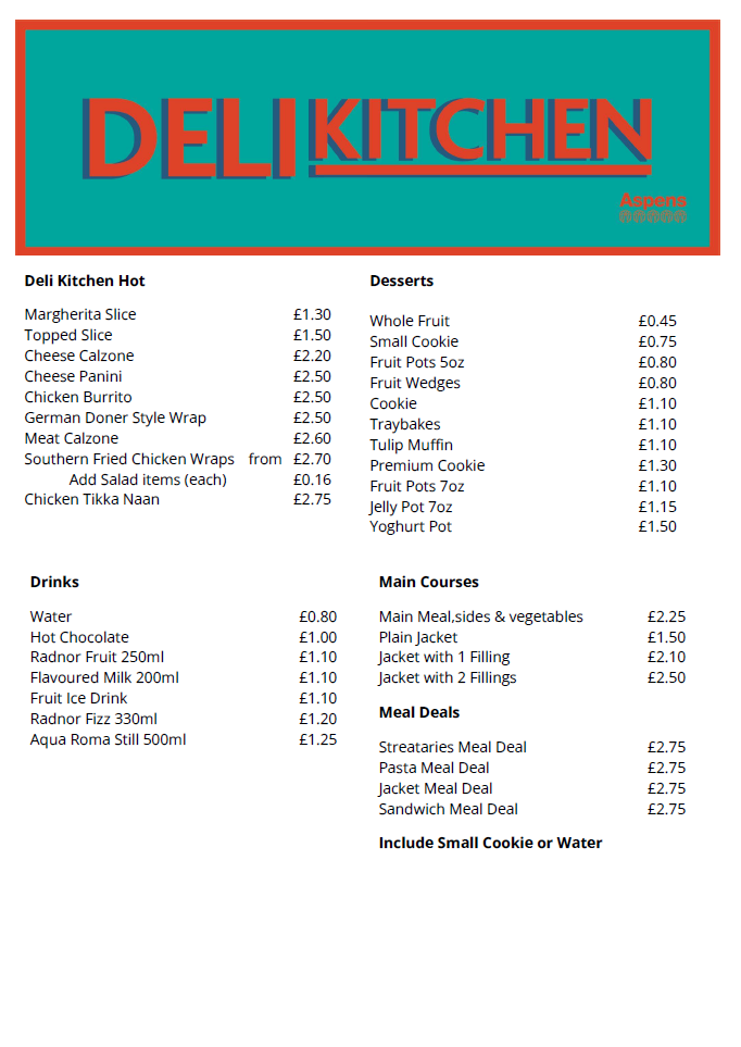 menu with choice and prices