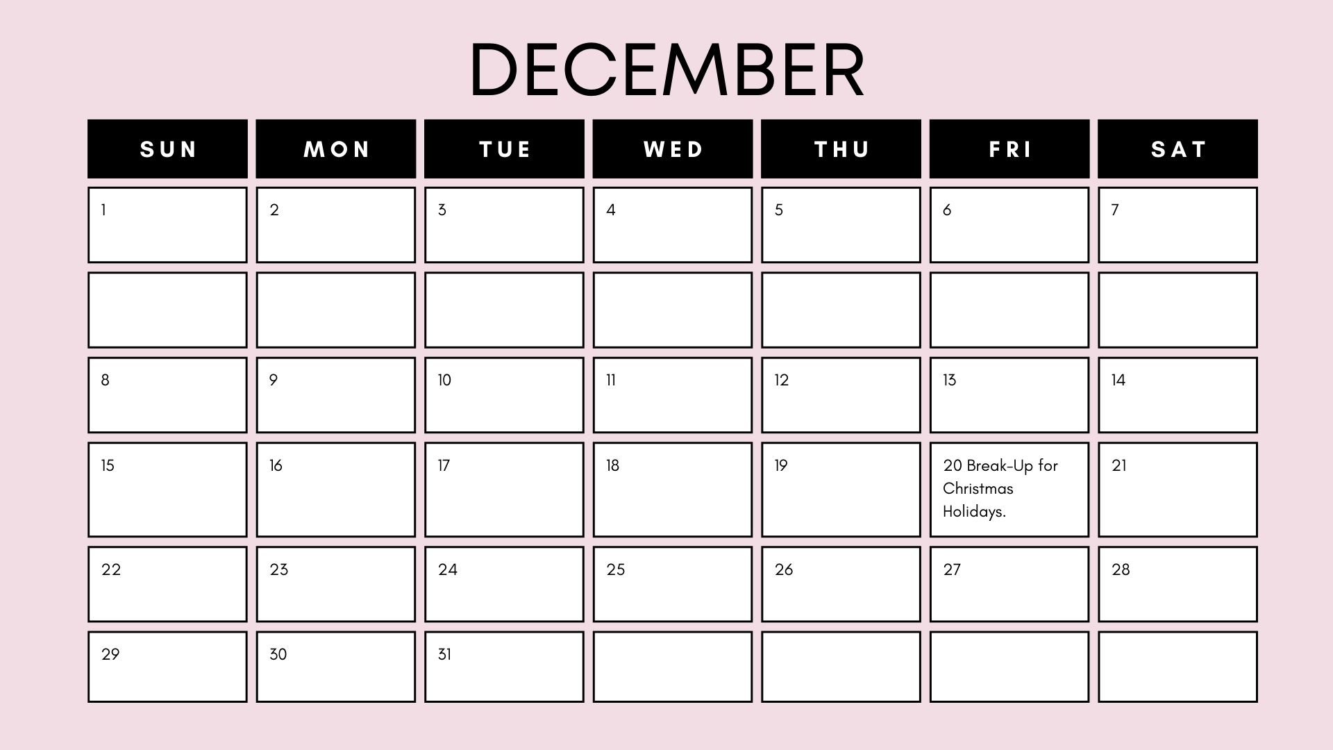 school calendar for December