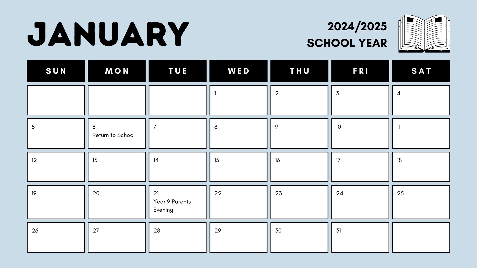 school calendar for January