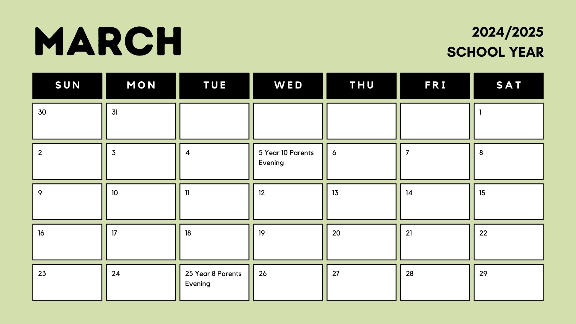 school calendar for March