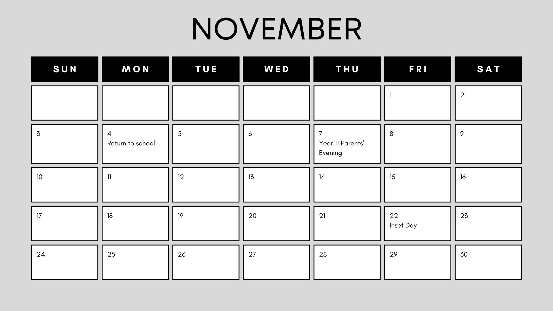 school calendar for November